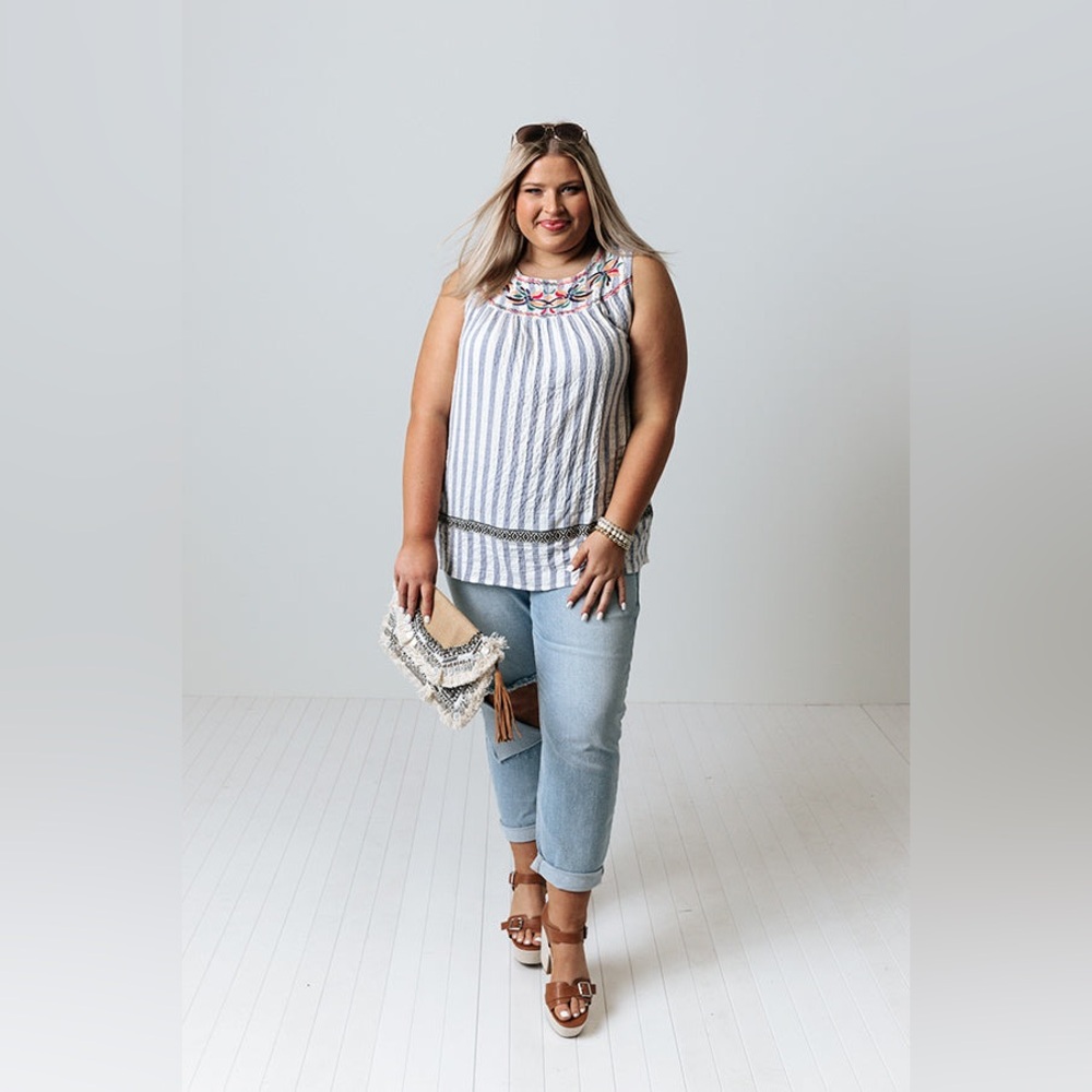 Impressions Striped Sleeveless Top with Embroidered Neckline 3X